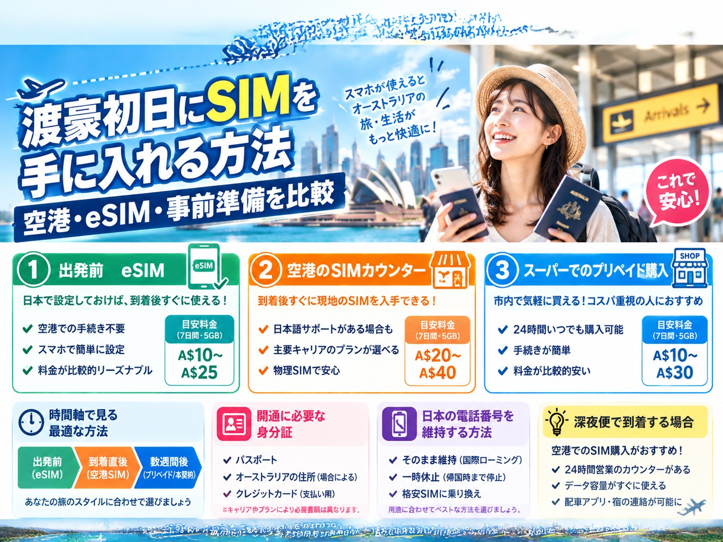 渡豪初日にSIMを手に入れる方法|空港・eSIM・事前準備を比較 渡豪初日にSIMを手に入れる方法|空港・オンライン・eSIM